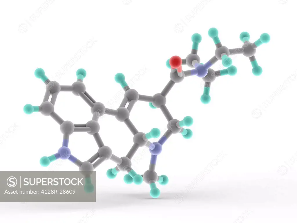 LSD drug, molecular model. Atoms are represented as spheres and are colour-coded: carbon (grey), hydrogen (blue-green), nitrogen (blue) and oxygen (re...