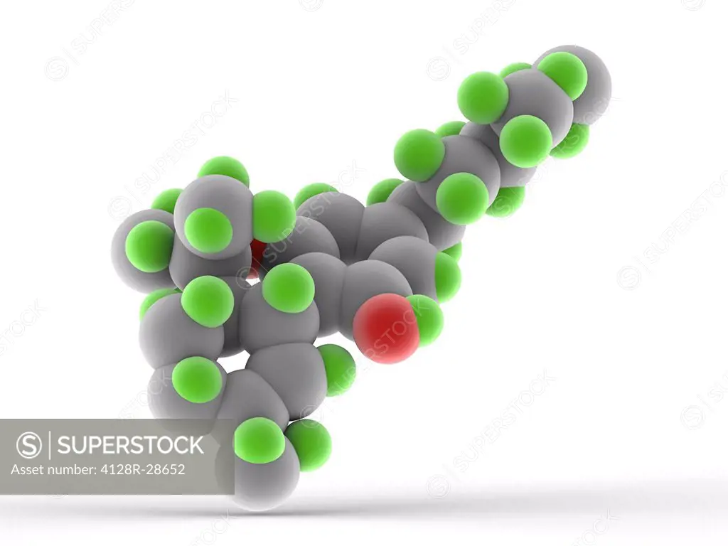 THC drug, molecular model. Atoms are represented as spheres and are colour-coded: carbon (grey), hydrogen (blue-green) and oxygen (red).