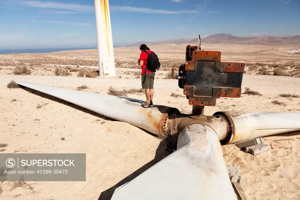 MODEL RELEASED. Broken wind turbine, Fuerteventura, Canary Islands.