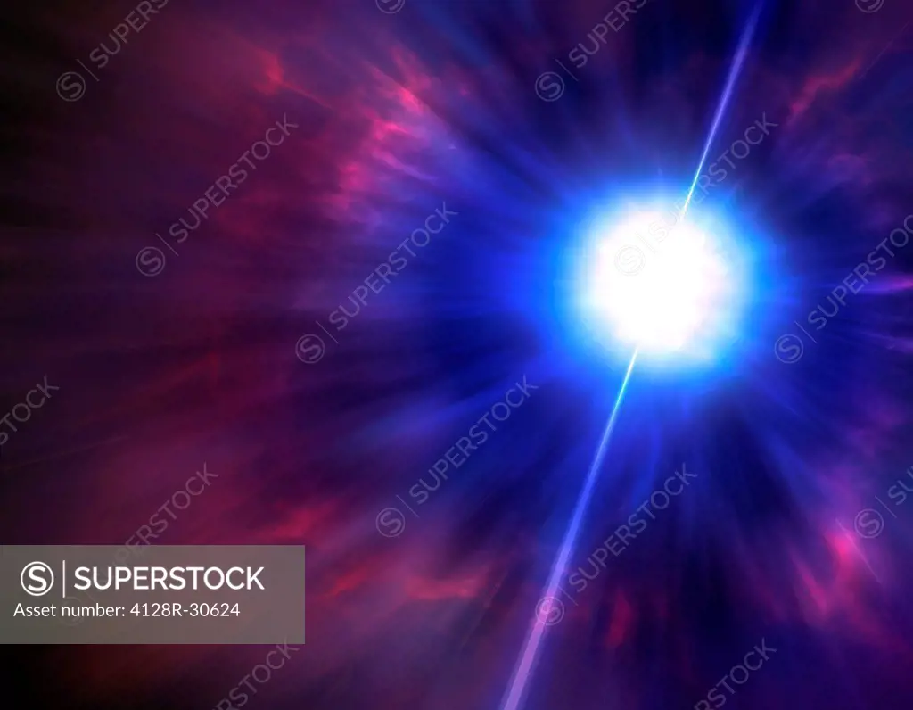 This is a view of a Wolf-Rayet star that has exploded in a gamma ray burst (GRB) event. Two jets have erupted out of the core, through the surrounding...