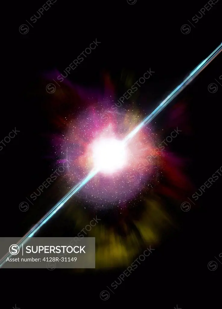 Pulsar, computer artwork. A pulsar, a rapidly rotating neutron star, is the collapsed super-dense core of a massive star that has blown off its outer ...