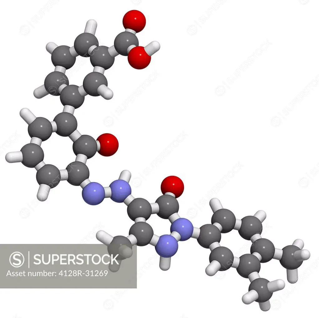 Eltrombopag thrombocytopenia drug, molecular model. Eltrombopag stimulates the production of megakaryocytes and eventually platelets in the bone marro...