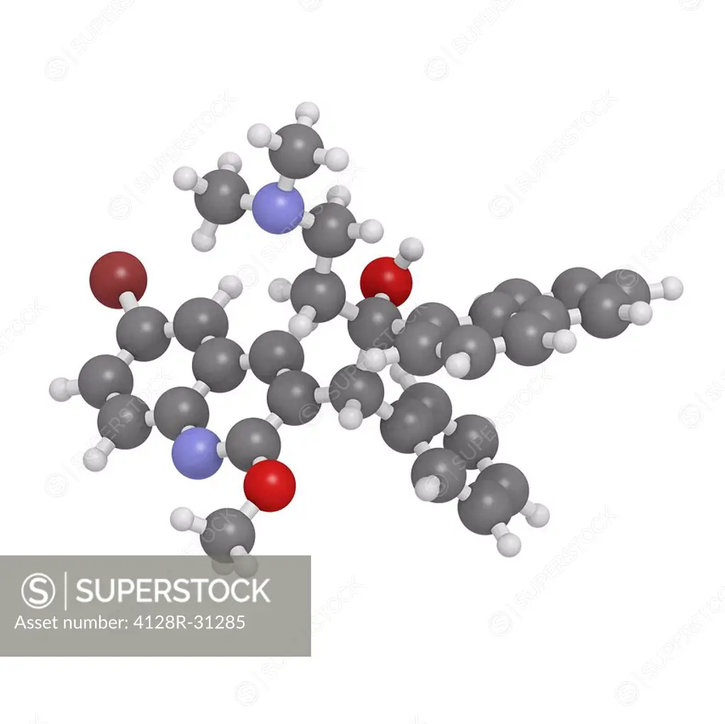 Bedaquiline tuberculosis drug, molecular model. Bedaquiline is an antibiotic used for the treatment of Mycobacterium tuberculosis infections. Atoms ar...