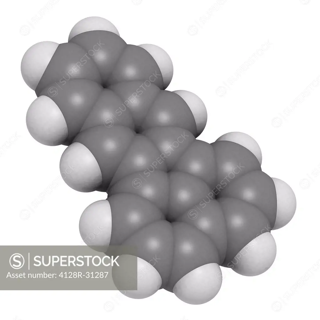 Benzofluoranthene molecular model. Benzofluoranthene is a polycyclic aromatic hydrocarbon (PAH). PAHs are environmental pollutants and have carcinogen...