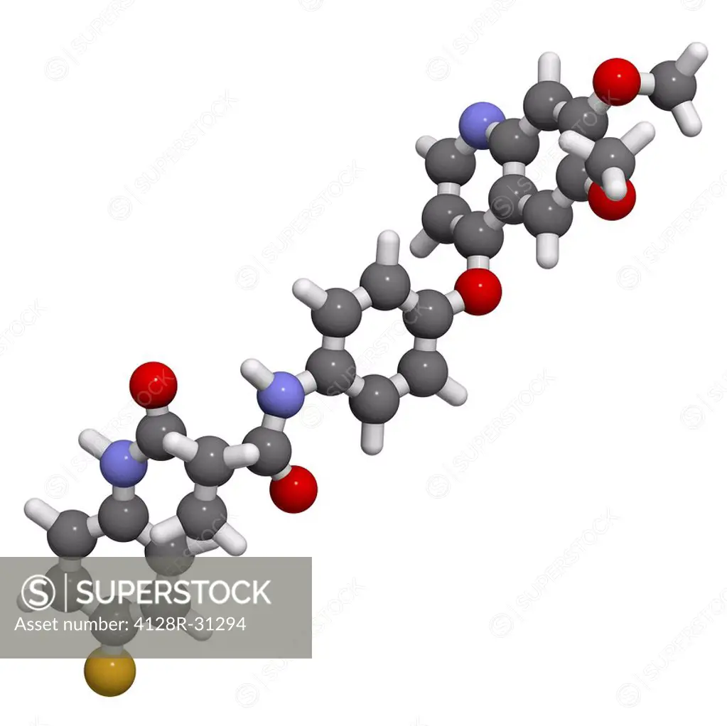 Cabozantinib cancer drug, molecular model. Cabozantinib is a tyrosine kinase inhibitor drug that is used in cancer treatment. Atoms are represented as...
