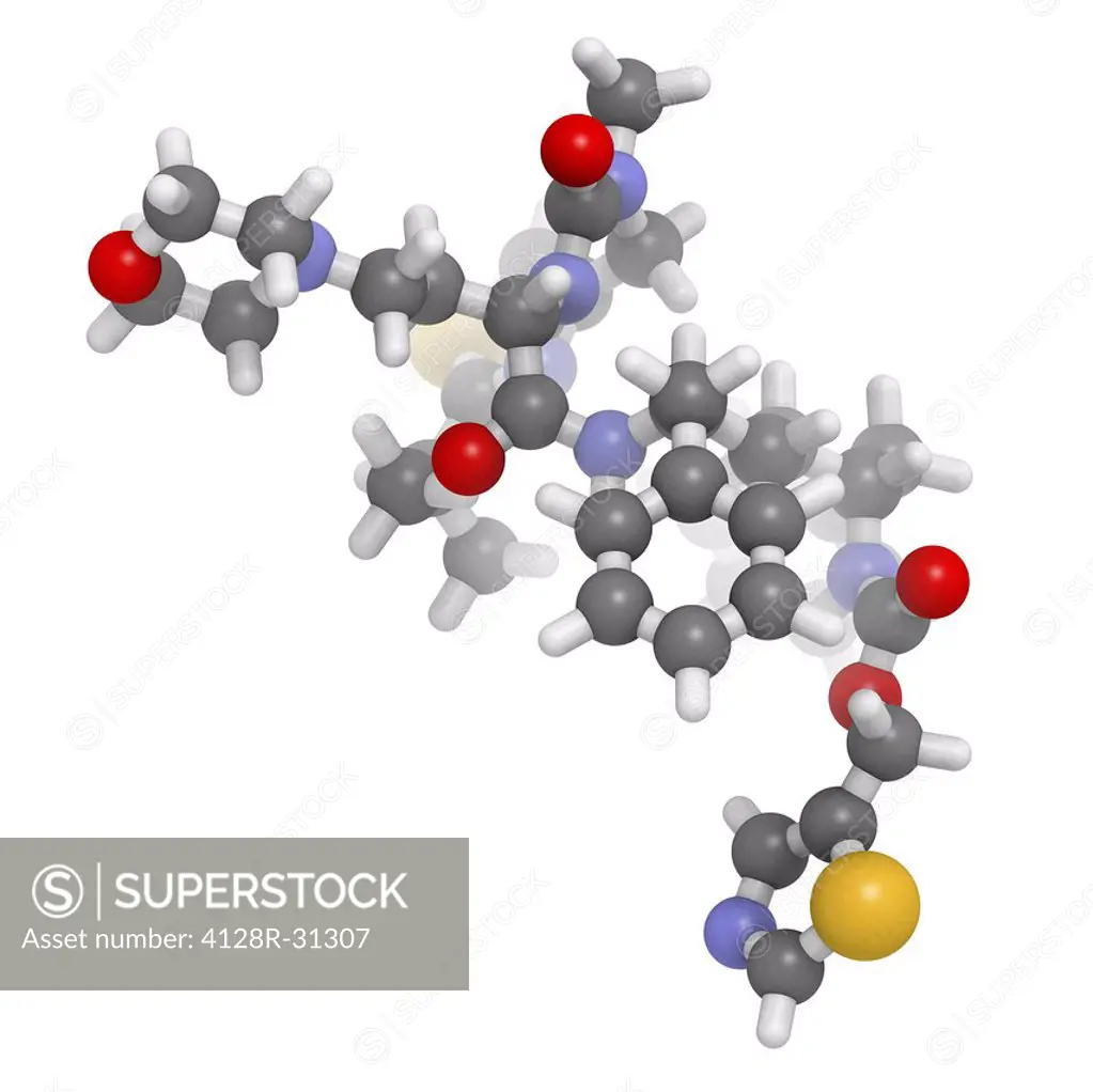 Cobicistat HIV drug, molecular model. Cobicistat is a booster drug that slows down the breakdown of other HIV medicines and therefore is used in the c...