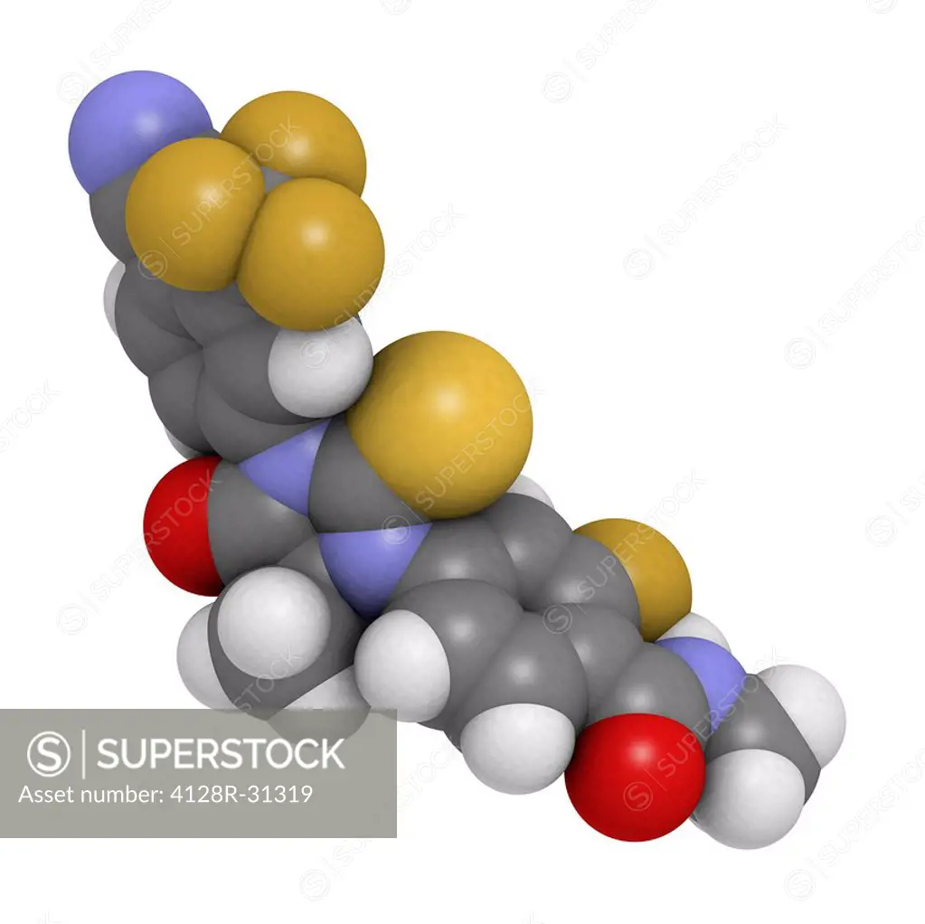 Enzalutamide prostate cancer drug, molecular model. Atoms are represented as spheres and are colour-coded: hydrogen (white), carbon (grey), oxygen (re...