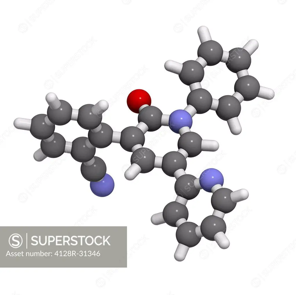 Perampanel antiepileptic drug, molecular model. Atoms are represented as spheres and are colour-coded: hydrogen (white), carbon (grey), oxygen (red) a...