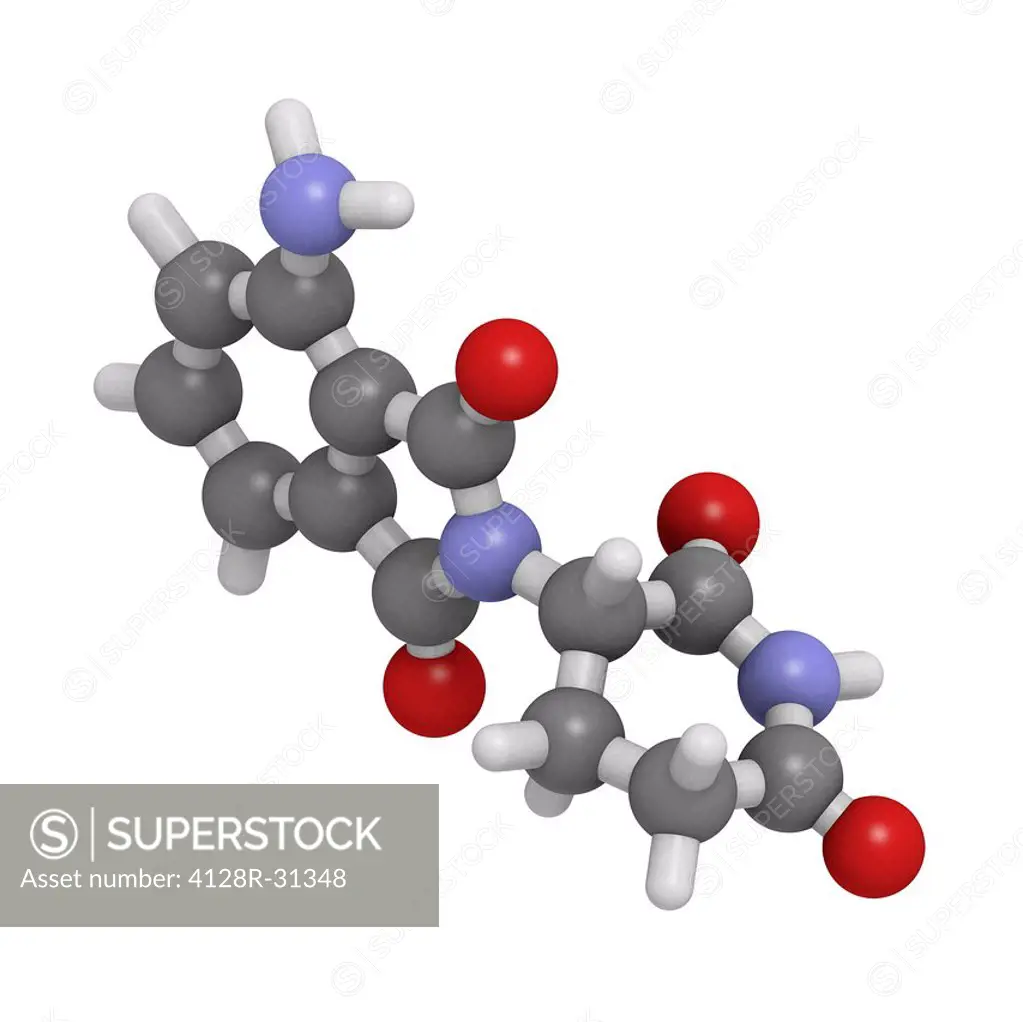 Pomalidomide cancer drug, molecular model. Pomalidomide is a derivative of the notorious drug thalidomide and inhibits angiogenesis, the formation of ...