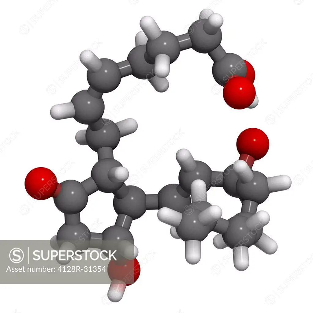 Prostaglandin E2 (dinoprostone, PGE2) uterus stimulating drug, molecular model. PGE2 is a prostaglandin drug that stimulates uterus contractions and i...