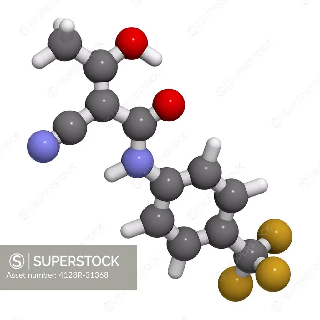Teriflunomide multiple sclerosis drug, molecular model. Atoms are represented as spheres and are colour-coded: hydrogen (white), carbon (grey), oxygen...