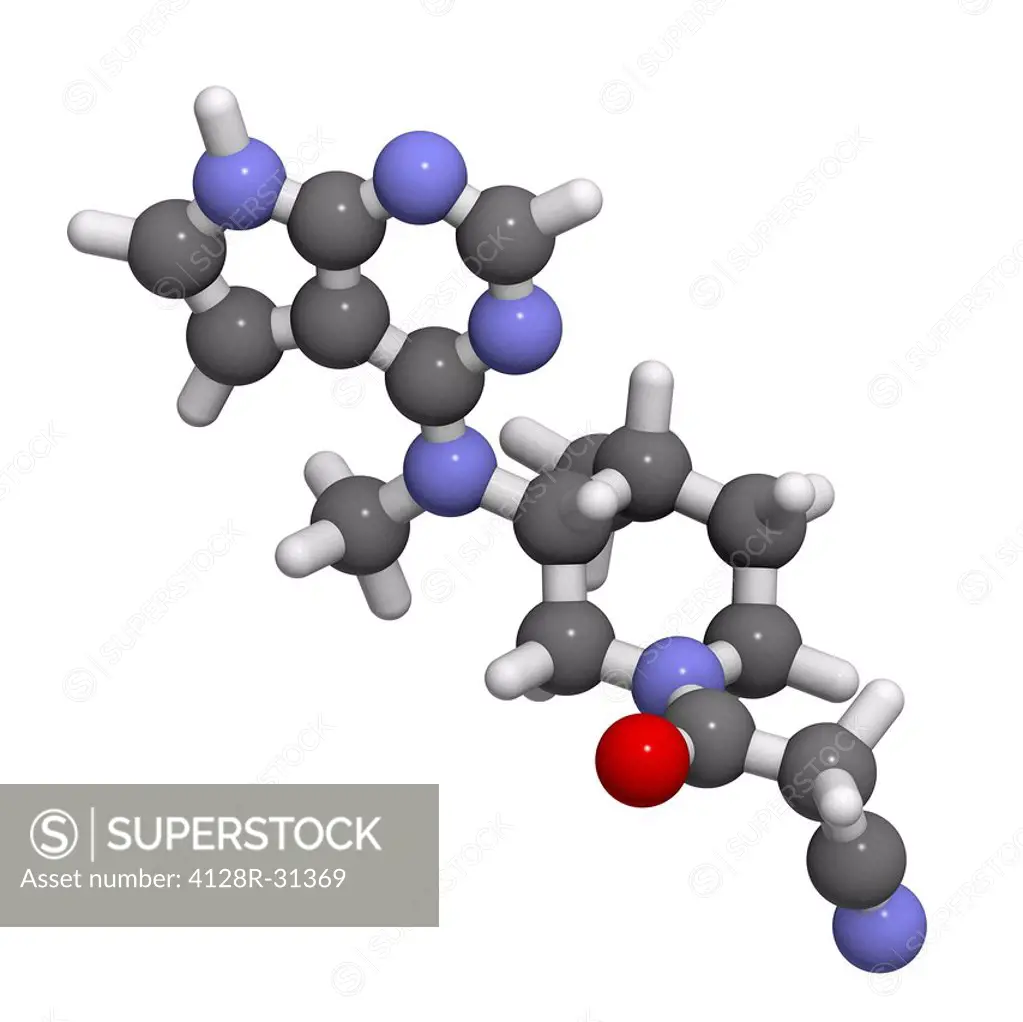 Tofacitinib rheumatoid arthritis drug, molecular model. Atoms are represented as spheres and are colour-coded: hydrogen (white), carbon (grey), oxygen...
