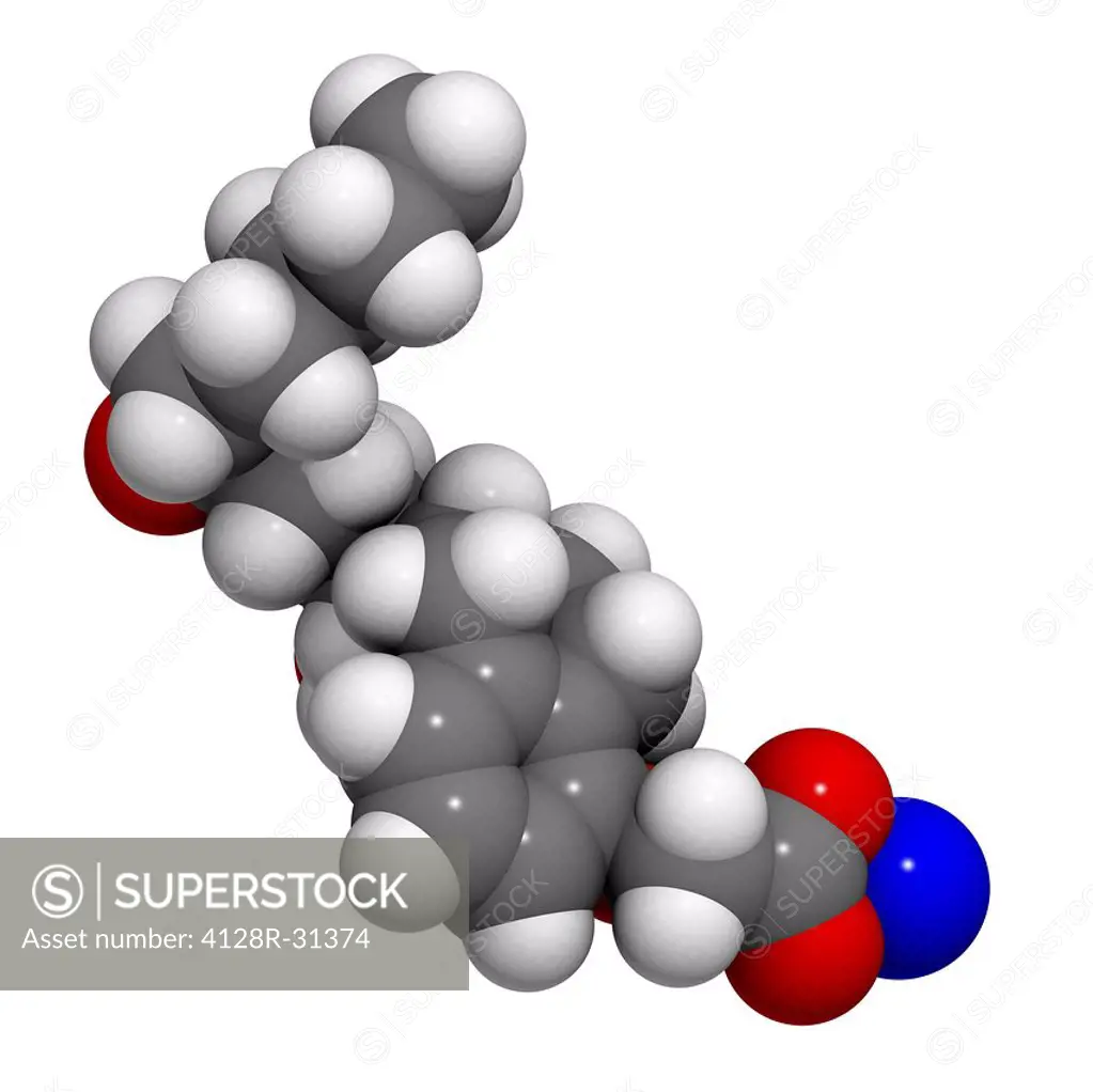 Treprostinil drug, molecular model. Treprostinil is used in the treatment of pulmonary arterial hypertension. Atoms are represented as spheres and are...