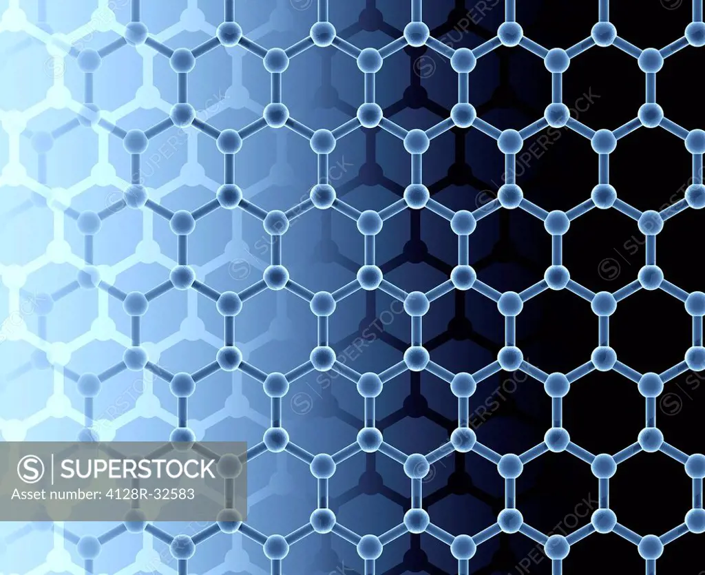 Graphene sheet. Computer artwork of a sheet of graphene, a single layer of graphite. Stacked graphene sheets form the common material graphite, used i...