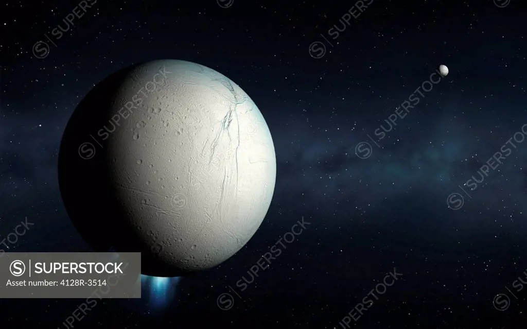We are a few thousand kilometres from Enceladus, a mid_sized, icy moon of Saturn. Another satellite, Tethys, can be seen on the right. In 2005, the Ca...