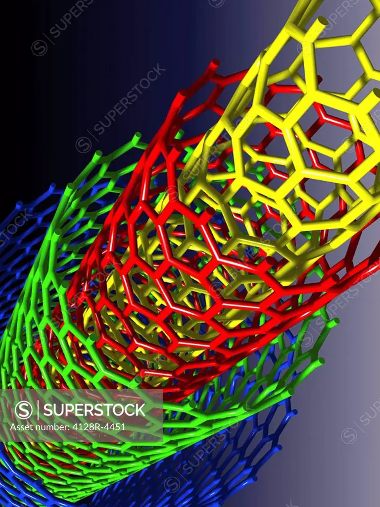 Nanotube technology. Computer artwork of four cylindrical fullerenes carbon nanotubes of varying size, with the smaller ones nested inside the larger ...