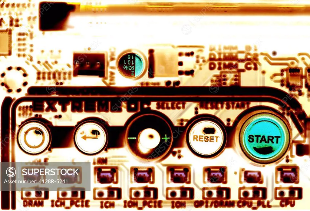 Computer artwork of an Intel core i7 computer circuit board, showing push_buttons and part of the circuitry.