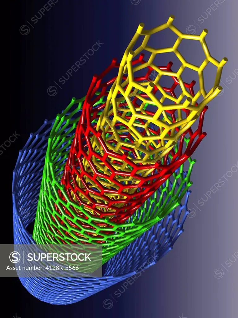 Nanotube technology. Computer artwork of four cylindrical fullerenes carbon nanotubes of varying size, with the smaller ones nested inside the larger ...