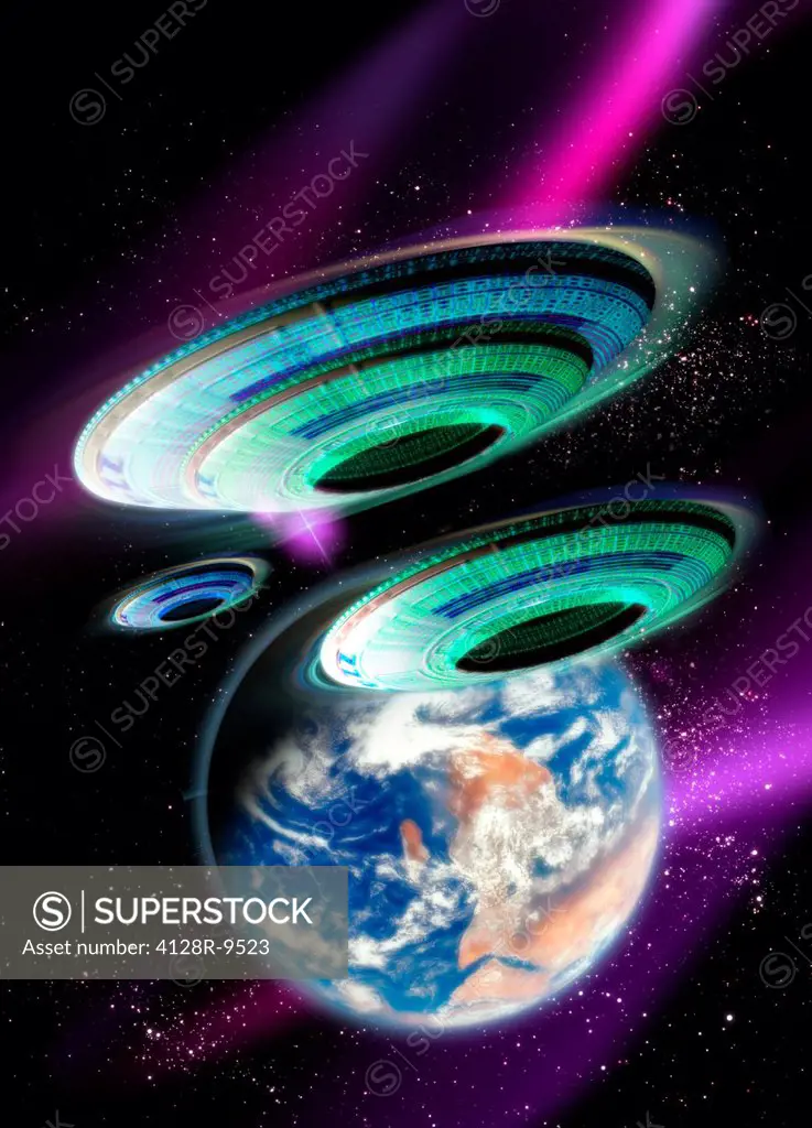 Flying saucers invading Earth, artwork