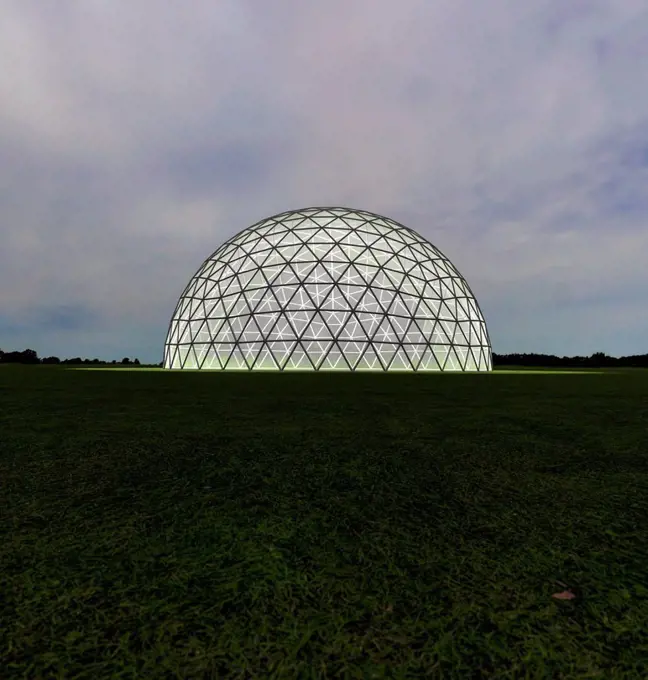 Geodesic dome, illustration. Geodesic dome illuminated from within in field at dusk. Computer generated image.
