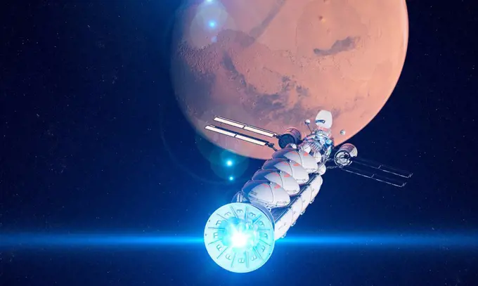 Spaceship traveling to Mars, computer illustration.
