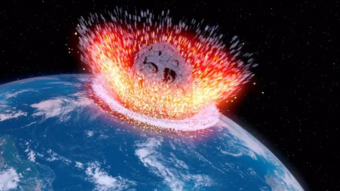 Asteroid impacting Earth, computer illustration.