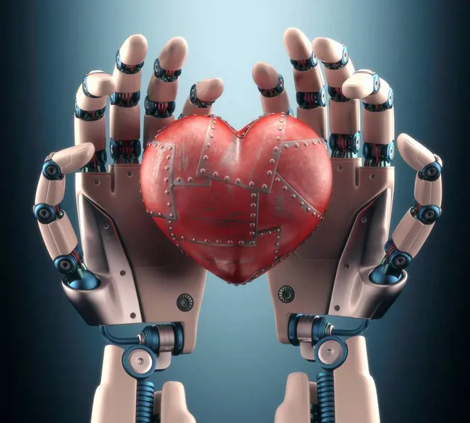 Robotic hands holding red metal heart, computer illustration.