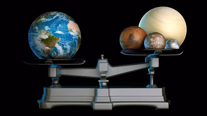 Earth's mass. Illustration of the terrestrial or rocky planets of the Solar System on a weighing scale, with Earth outweighing all the other rocky pla...