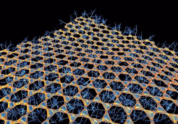 Graphene sheet. Illustration of the atomic-scale molecular structure of graphene, a single hexagonal layer of graphite. It is composed of hexagonally ...