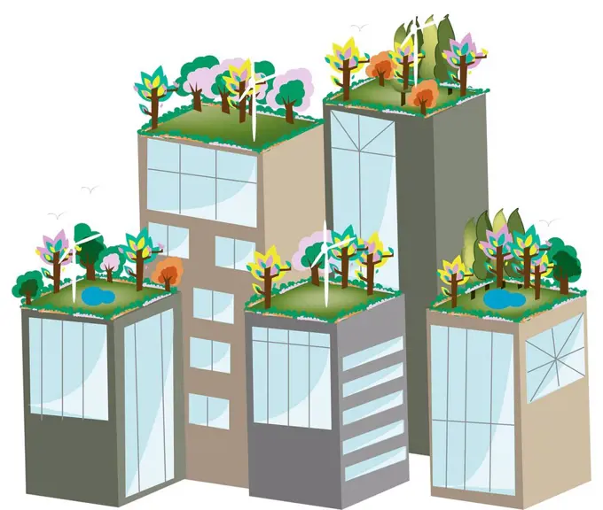 Buildings with green roofs, illustration