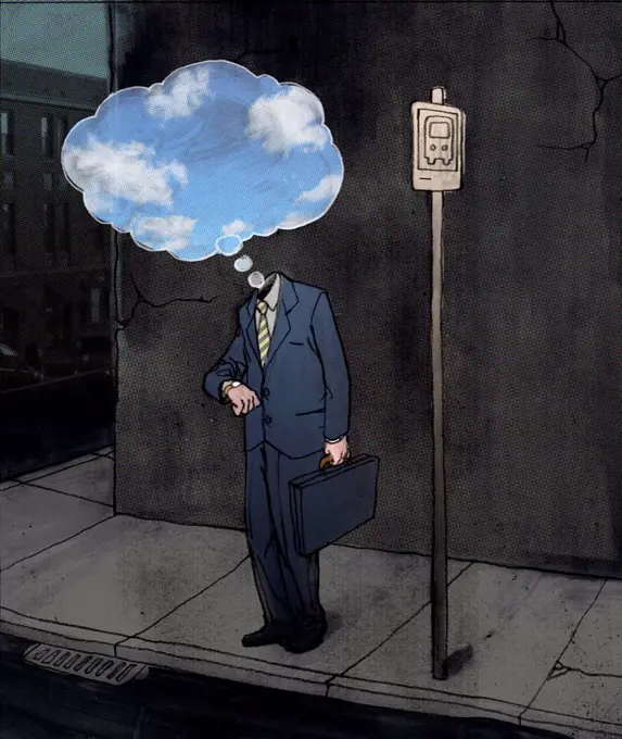Depressed businessman standing at bus stand, illustration