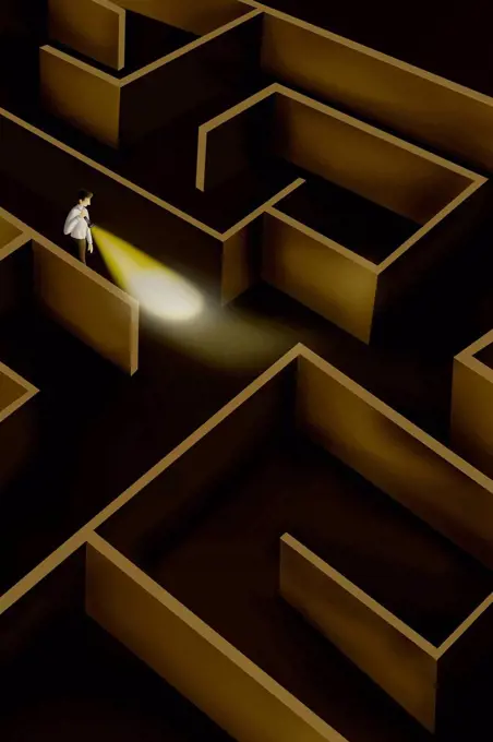 Illustration of businessman searching way in maze