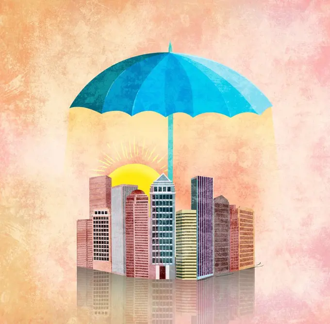 Illustration of umbrella covering buildings