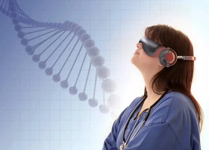 Doctor wearing VR headset and examining DNA