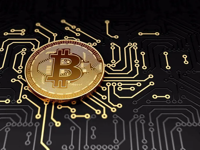 Golden bitcoin on circuit board, illustration