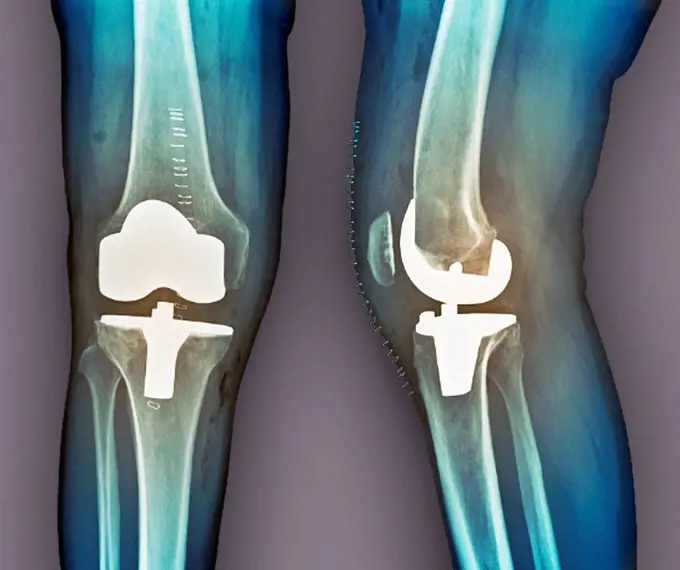 Total knee replacement. Coloured frontal (left) and profile (right) X-rays of the right knee of a 69 year old patient after total knee replacement sur...