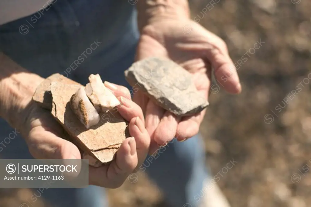 elderly person holding rocks