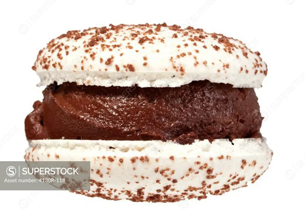Close up of almond macaroon ice cream sandwich with vegan chocolate sorbet