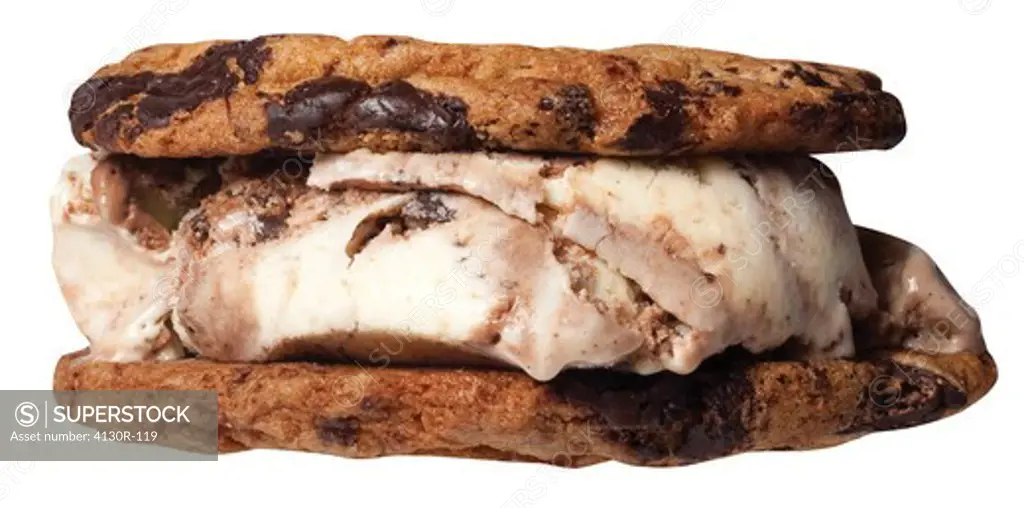 Close up of ice cream sandwich with chocolate chip cookie