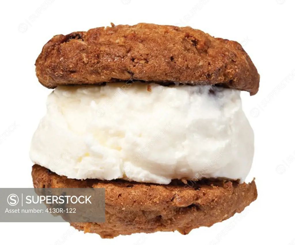 Close up of ice cream sandwich with oatmeal raisin and almond coconut cream