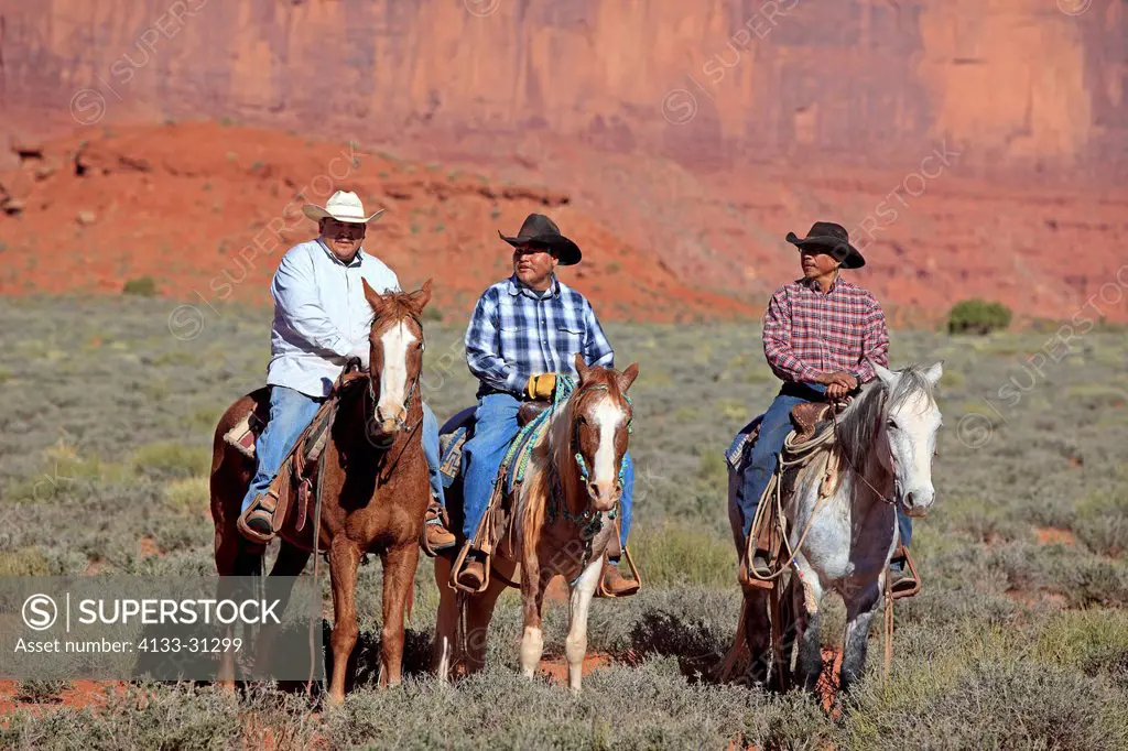 Navajo Cowboy, Mustang, Equus caballus, Monument Valley, Utah, USA, Northamerica, Cowboy riding on Mustang