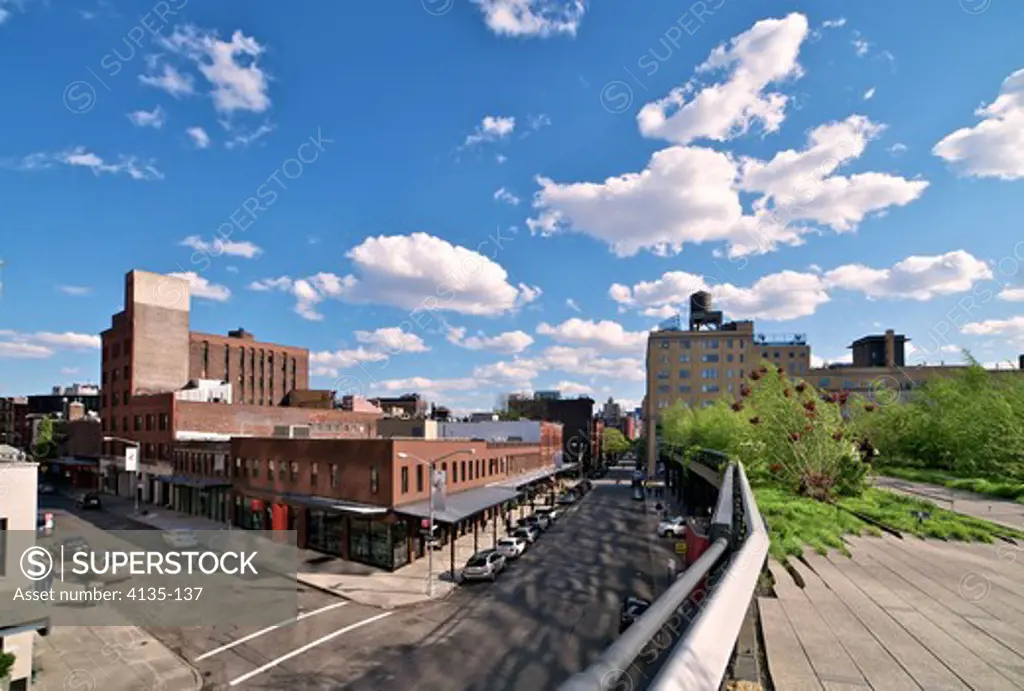 Park with buildings in a city, Meatpacking District, High Line Park, New York City, New York State, USA