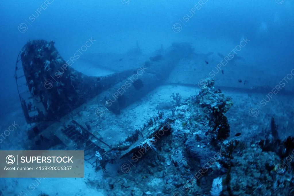 B-17F (called Black Jack) Flying Fortress, American four-engine heavy bomber aircraft, the wreck lies on a seabed at a depth of 45 metres in front of the village of Boga Boga, Milne bay, Papua New Guinea, Pacific Ocean