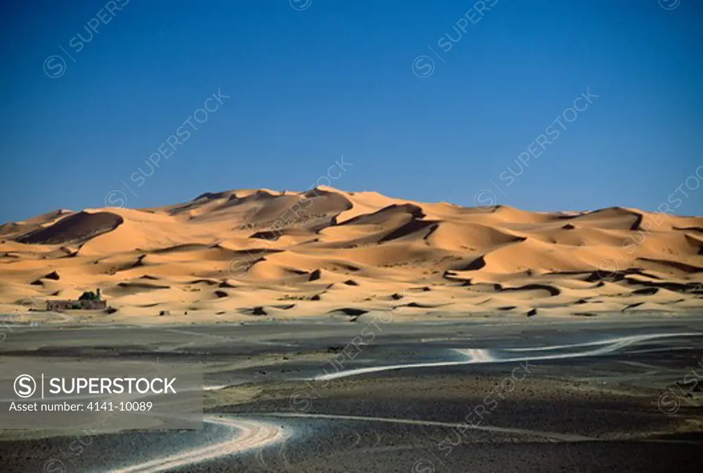 merzouga dunes in desert, with building & track morocco 