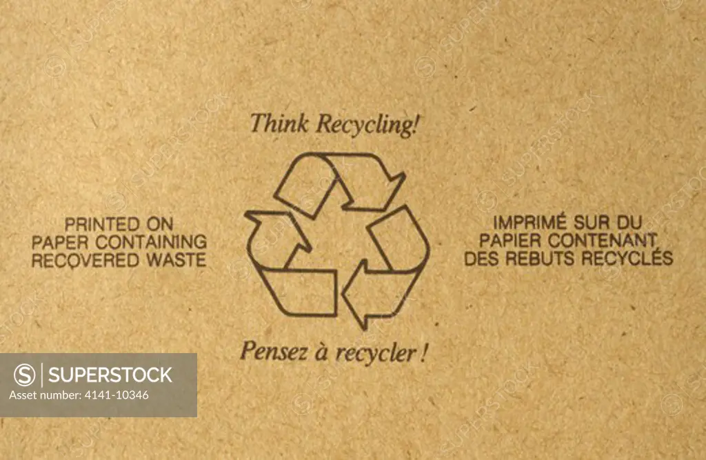 label made from recycled paper from recovered waste. urges users to think recycling . canadian label.