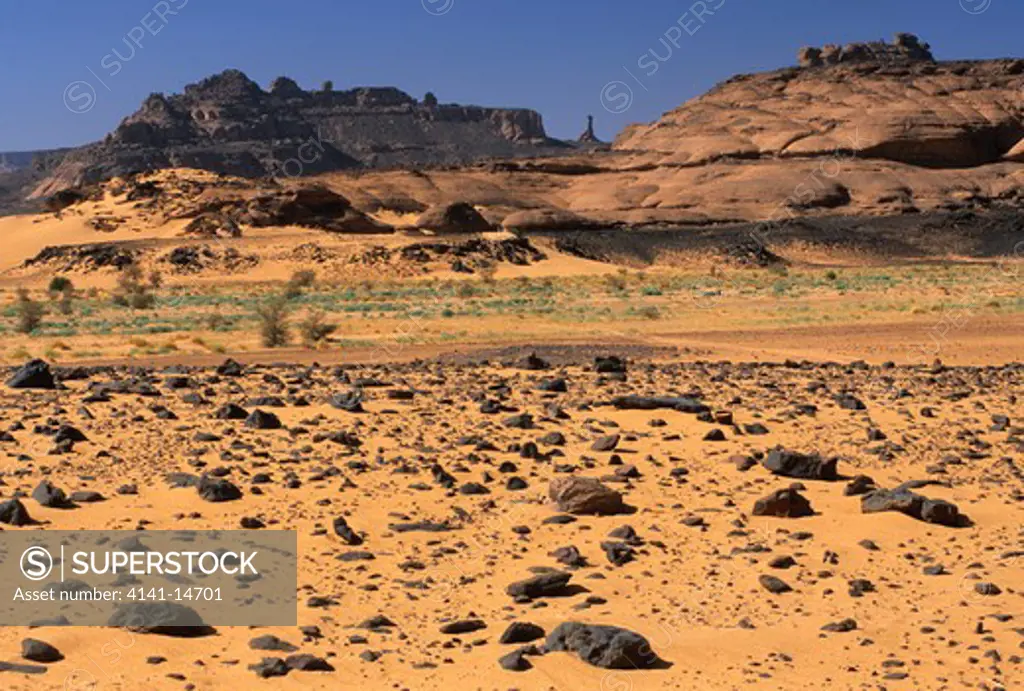 akakus desert with wadi teshuinat in distance appearing as a green patch of camelthorn trees sahara, fezzan, libya. 