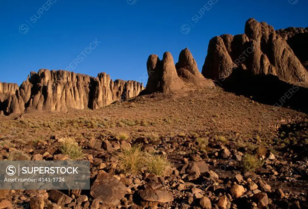 rock spires and pinnacles created by erosion, tadaout'n'tablah, jebel sahro, morocco. 