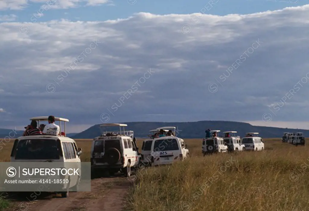 tourists in convoy of vehicles during high season serengeti national park, tanzania 