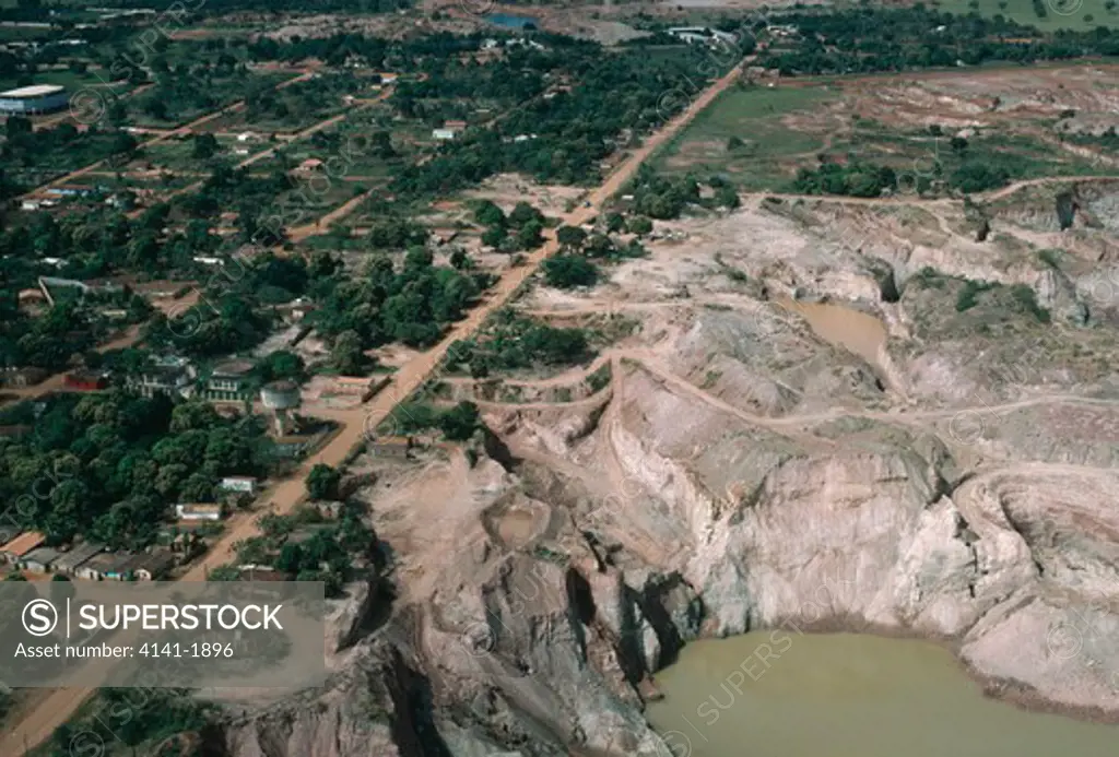 open-cast gold mine aerial view causing destruction of the habitat pocone, mato grosso, brazil