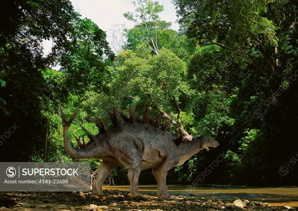 kentrosaurus digital composite of a kentrosaurus - a stegosaurian herbivorous dinosaur from the late jurassic period - ambling by a forest stream in what is today tanzania.